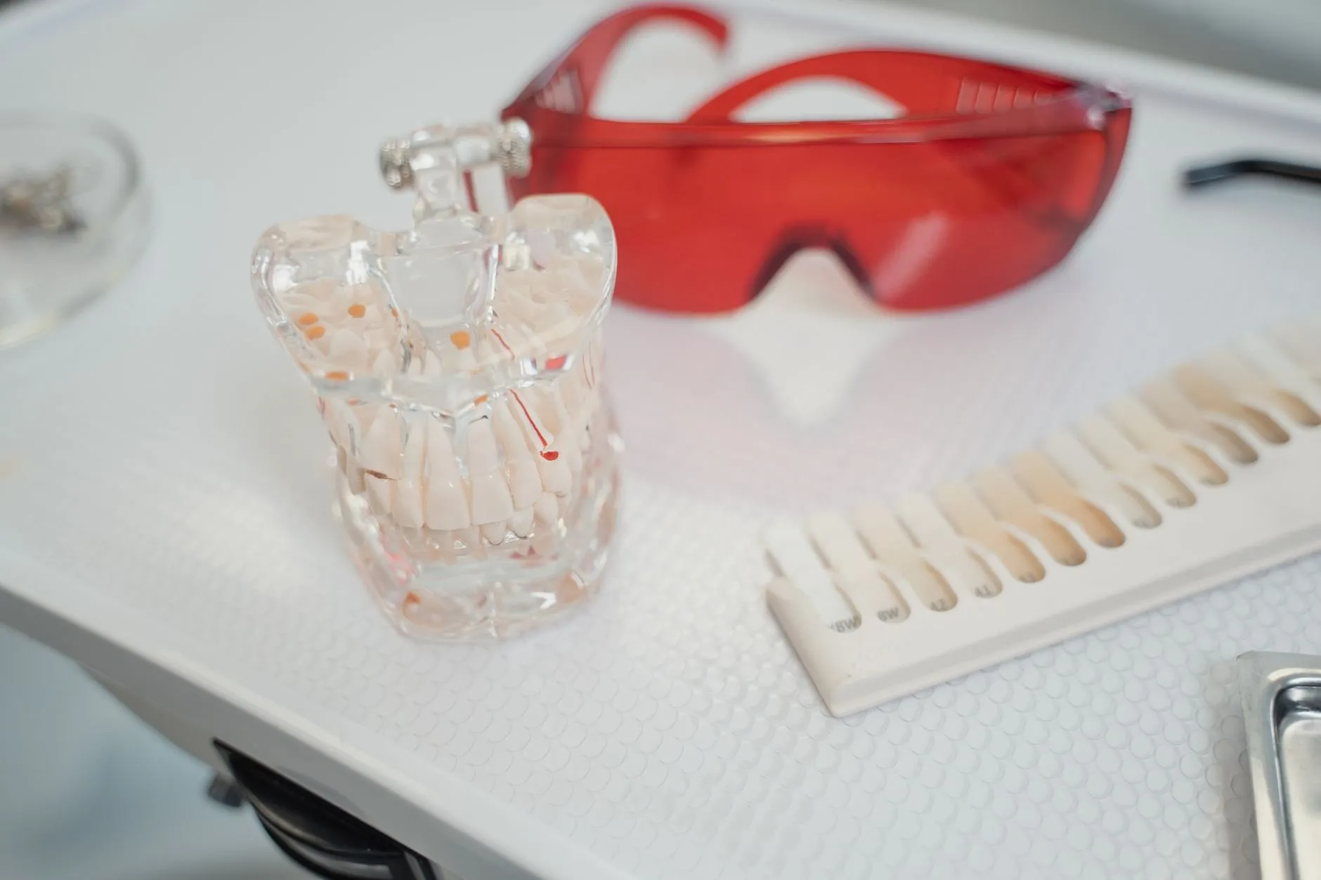 A clear tooth model beside a shade guide on a white clinic tray