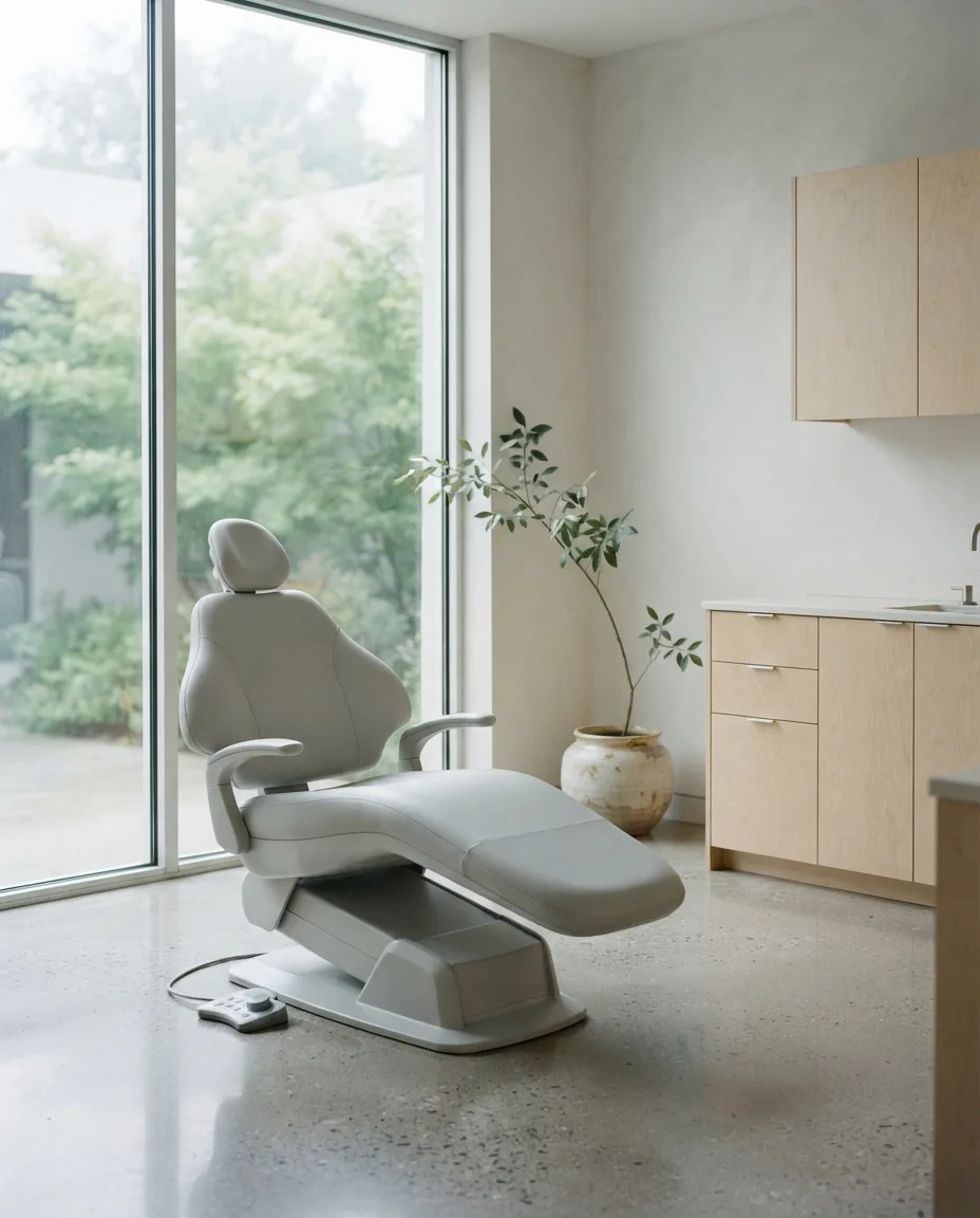 An empty treatment room at Northlight: one chair beside a floor-to-ceiling window, a planted branch, and a garden outside